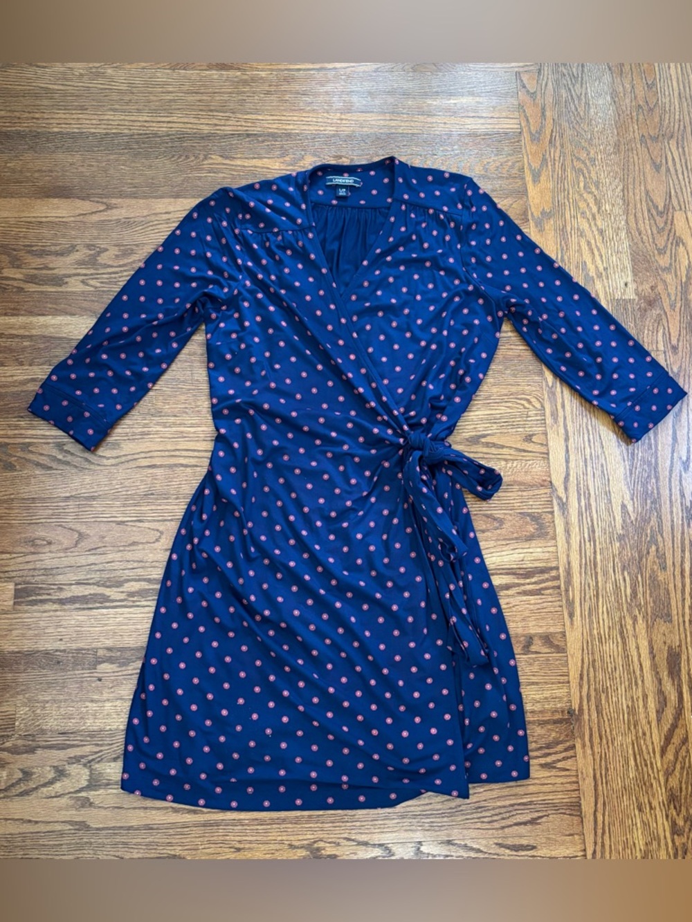 Lands' End Navy Wrap Dress with Coral Dot Print